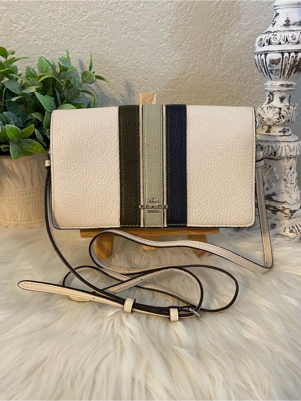 Coach Pebbled Leather Crossbody White with Black and Green Varsity Stripe
